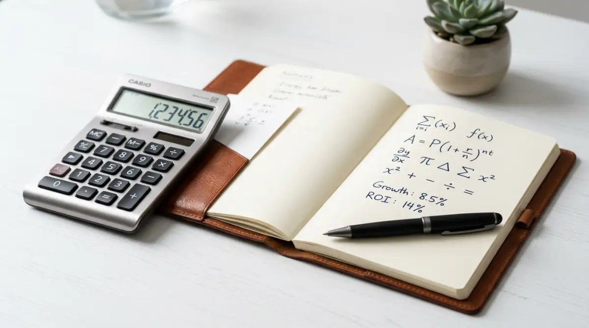 A close-up of a calculator and a notebook with basic interest equations on a clean desk