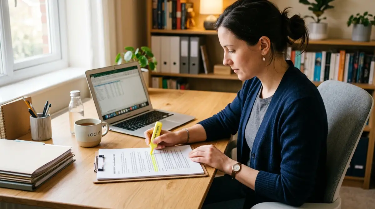 A person reading through a binding financial agreement at a desk to ensure they understand every term before signing.