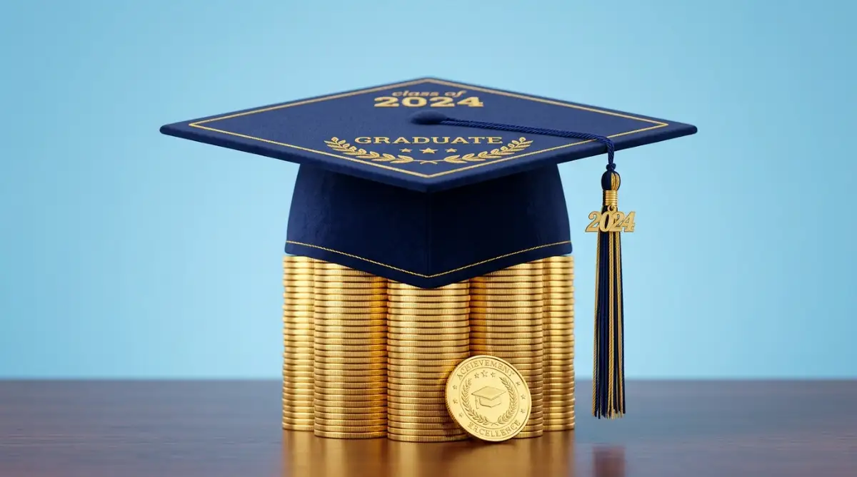A graduation cap resting on a neat stack of golden coins, representing secure federal educational financing options for college students