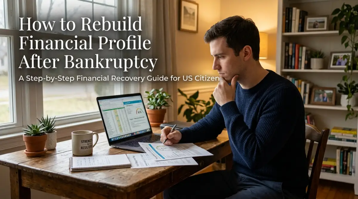 A realistic photo of an individual reviewing financial documents and credit reports on a laptop at home, representing how to rebuild financial profile after bankruptcy in the United States.