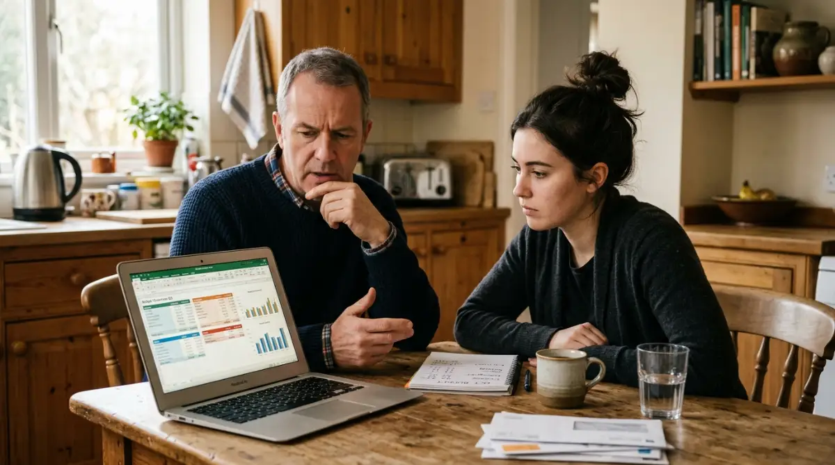 Two family members sitting together discussing the reality of a co-signed student loan agreement.