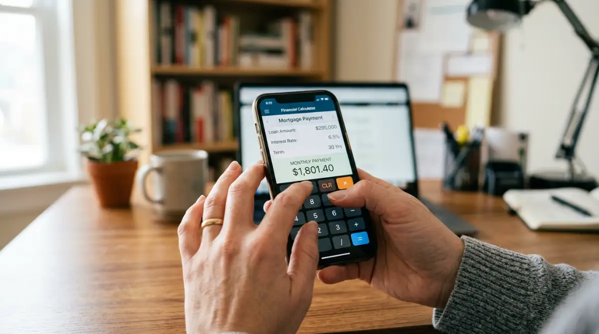 Close-up of hands using a smartphone app to calculate and manage monthly student loan debt effectively.