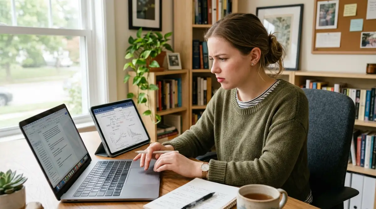 A student sitting at a desk and organizing documents to learn about federal and private student loans.